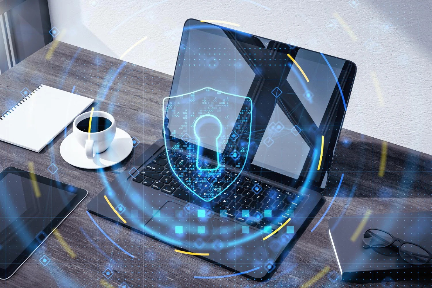 data safety cyber security concept with digital graphic glowing blue shield symbol with keyhole office table with laptop coffee mug background double - VIRTUO SOC